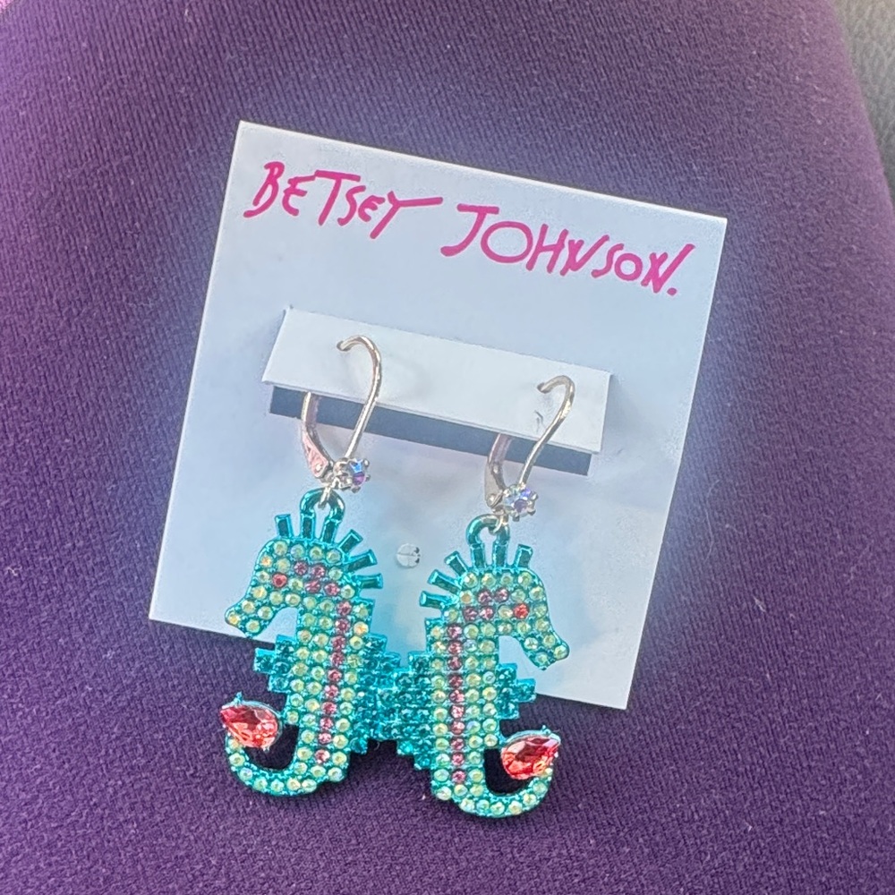 Betsey Johnson Turquoise and Pink Crystal Seahorse Drop Earrings